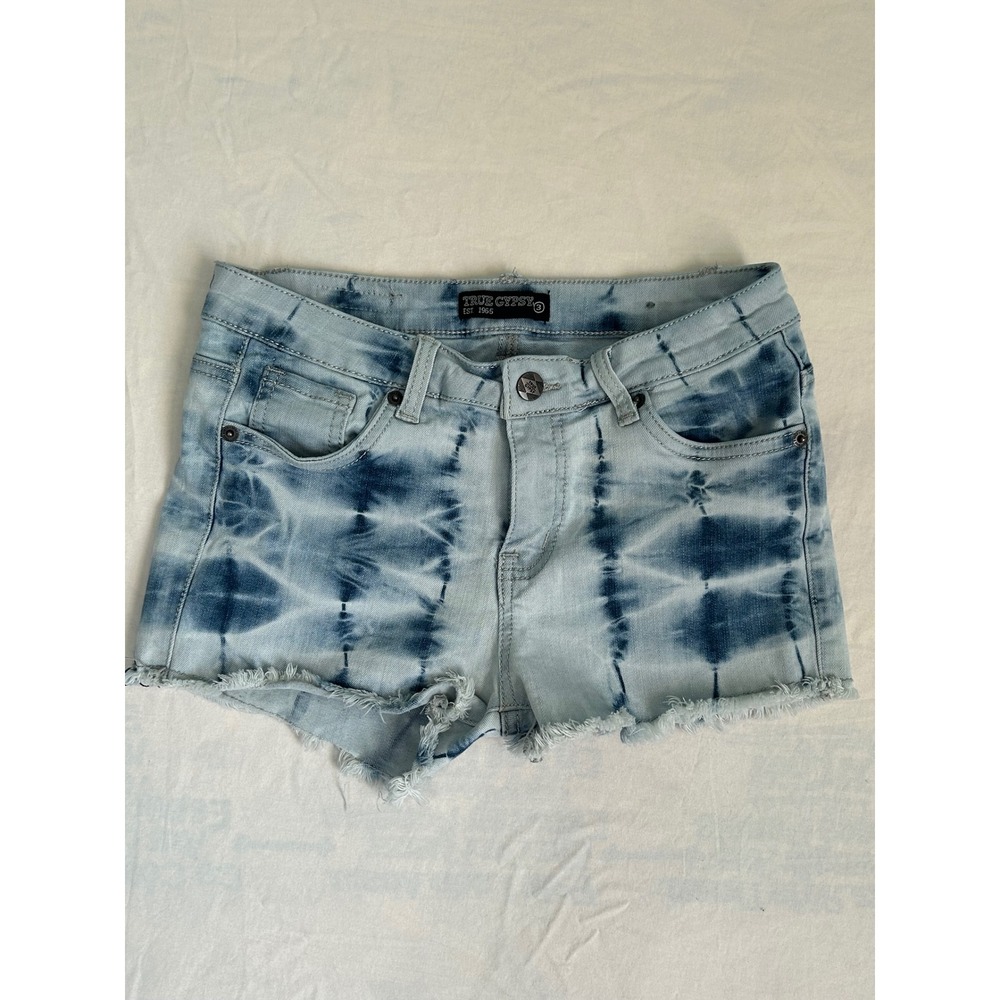 True Gypsy Womens Tie Dye Denim Cut Off Shorts Blue White Size 3 Frayed Hem